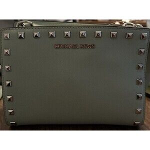 Michael Kors Satchel Crossbody Blue Leather Gold Studded Logo Spell out purse.